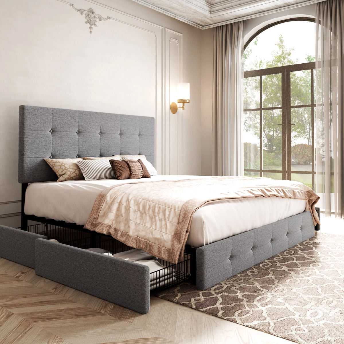 Light Grey Queen Platform Bed Frame with 4 Drawers Storage D28031