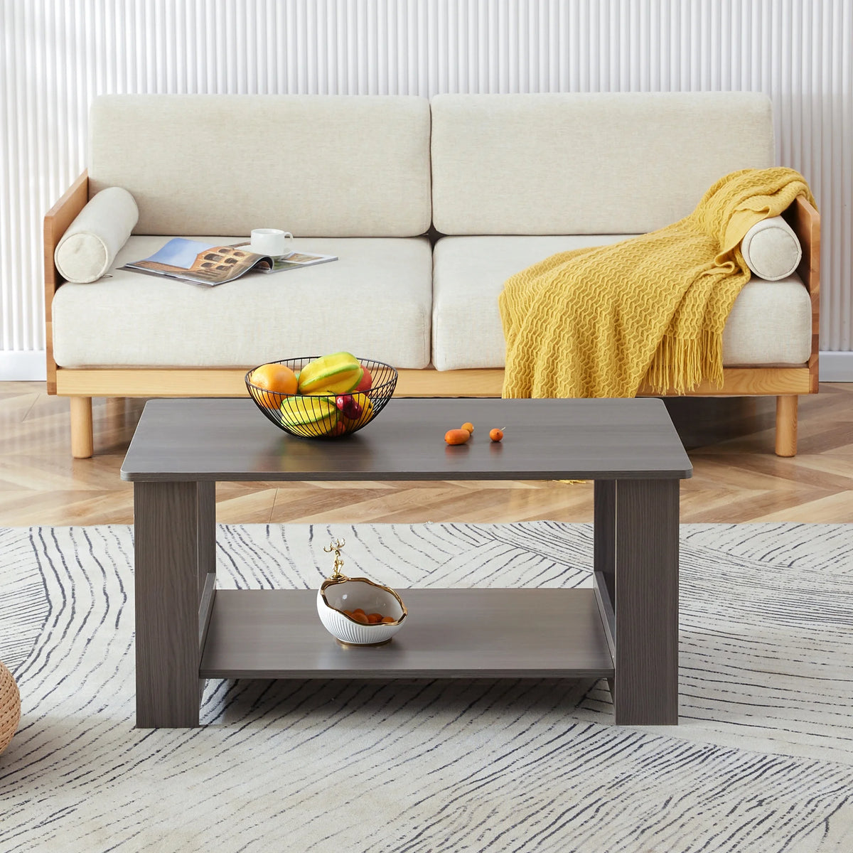 Gray Wood Grain Double Layered Rectangular Coffee Table Q243