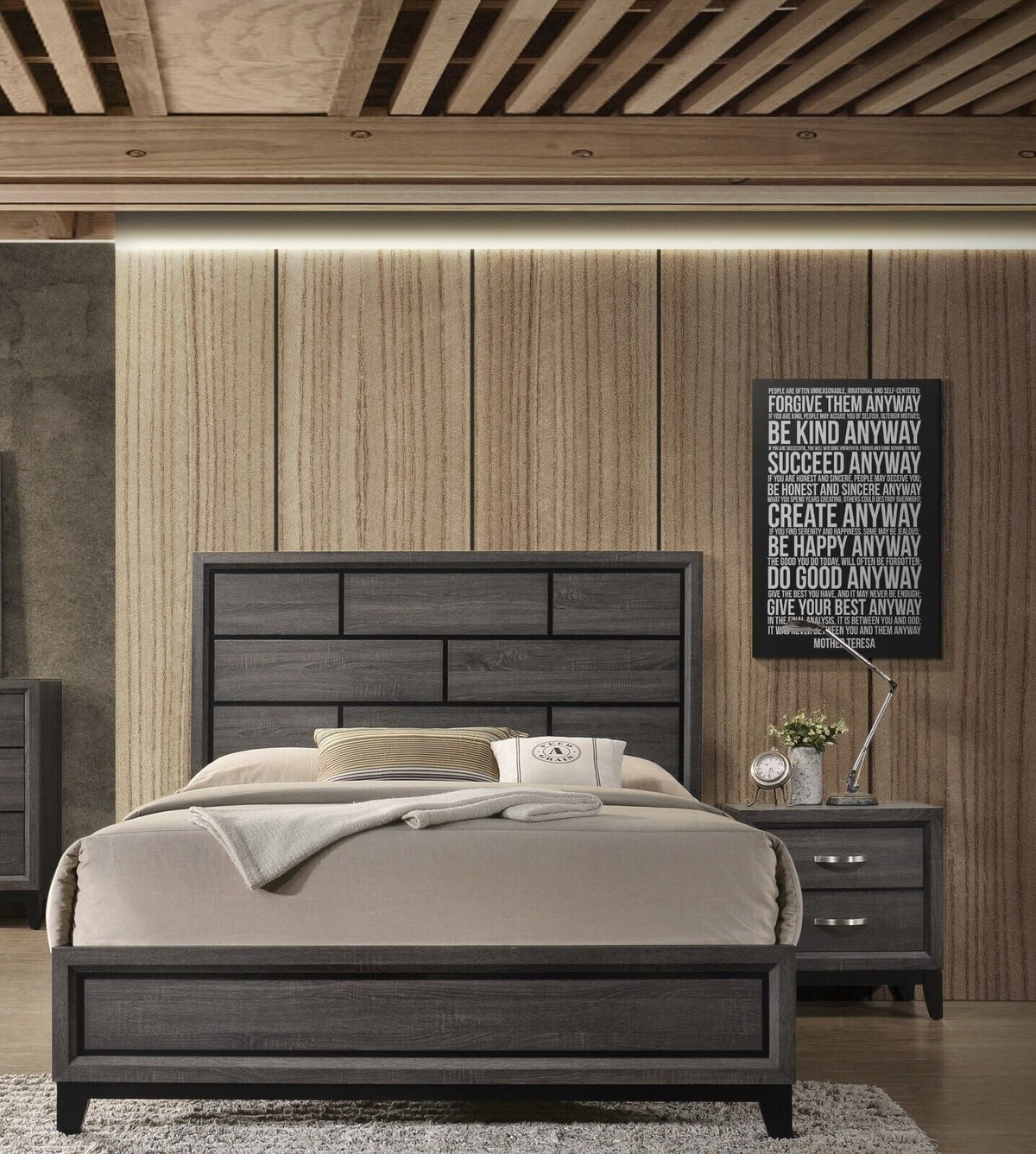 3pc Full Size Panel Bed and 2 Nightstands Gray Finish G92954