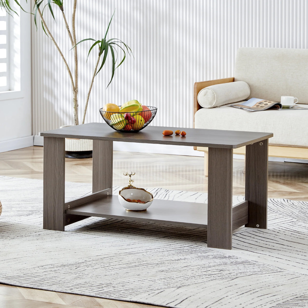 Gray Wood Grain Double Layered Rectangular Coffee Table Q243
