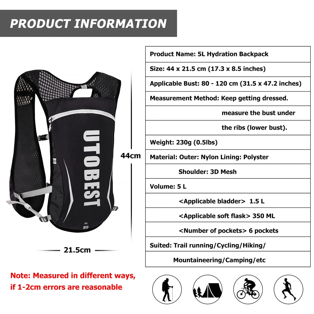 Running Backpacks Hydration Pack Running Vest 5L I603