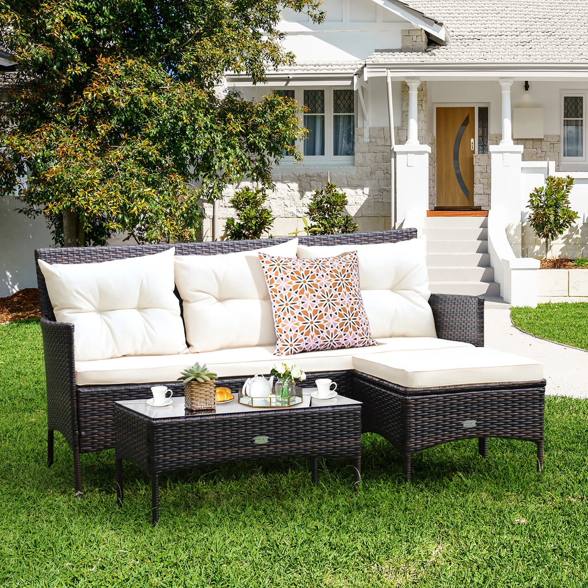 3 Pc Cushioned Patio Rattan Sofa Set K415967