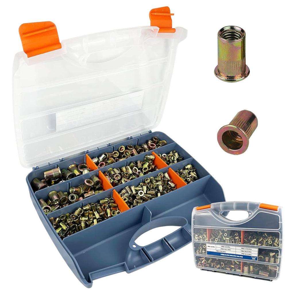 860pcs Rivet Nut Kit, SAE UNC Assortment, Zinc Plated Carbon Steel Flat Head Insert Threaded Rivet Nut Tool Kit with Case I1820