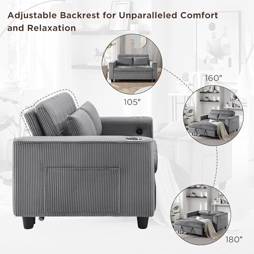 Light Grey Corduroy 3 in 1 Convertible Sleeper Sofa Bed S168