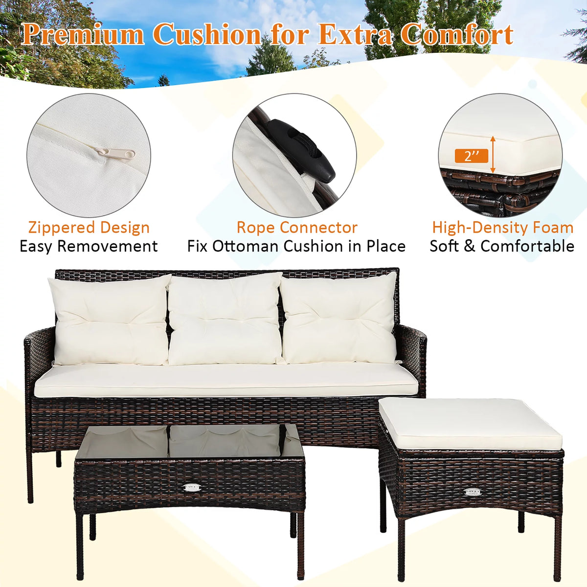 3 Pc Cushioned Patio Rattan Sofa Set K415967