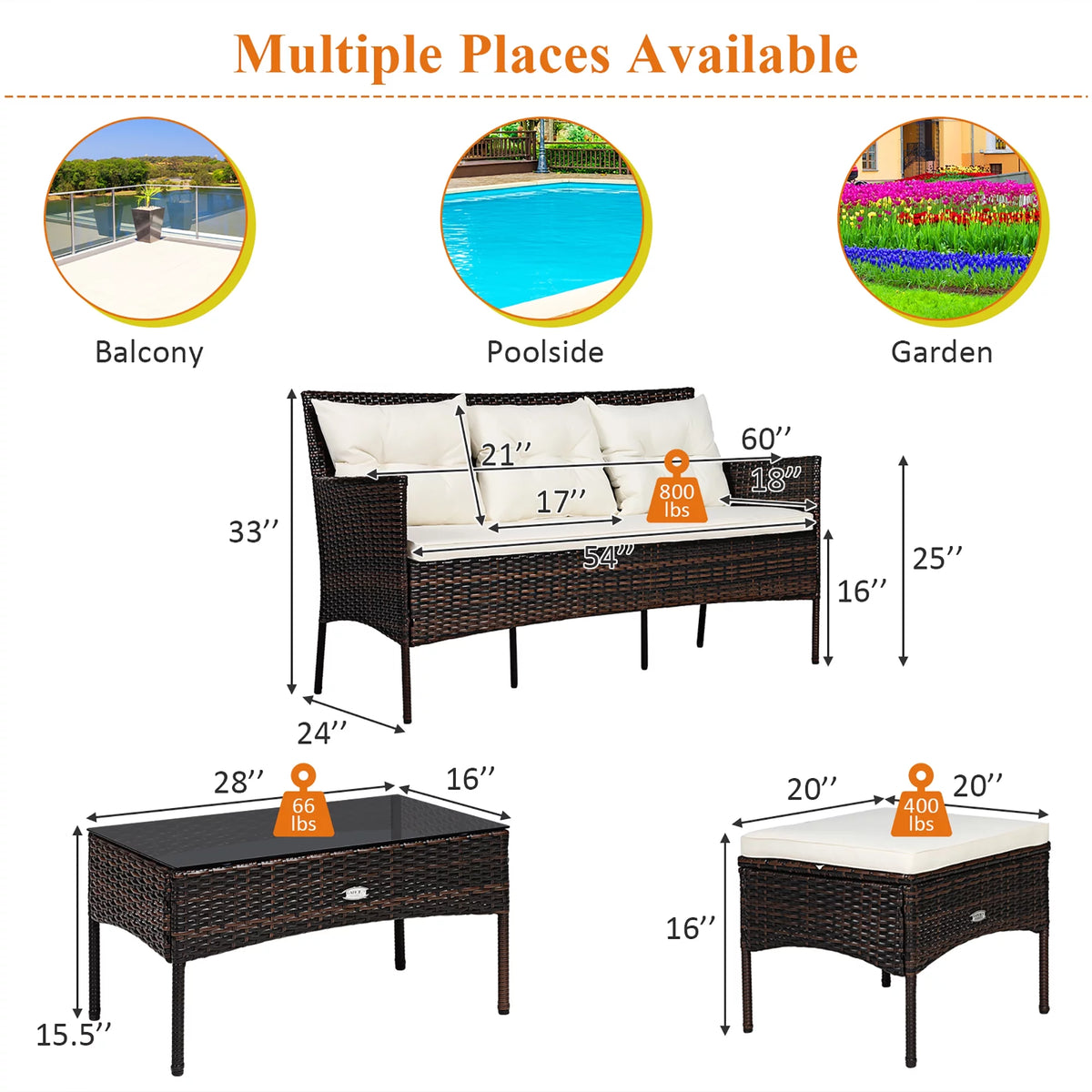 3 Pc Cushioned Patio Rattan Sofa Set K415967