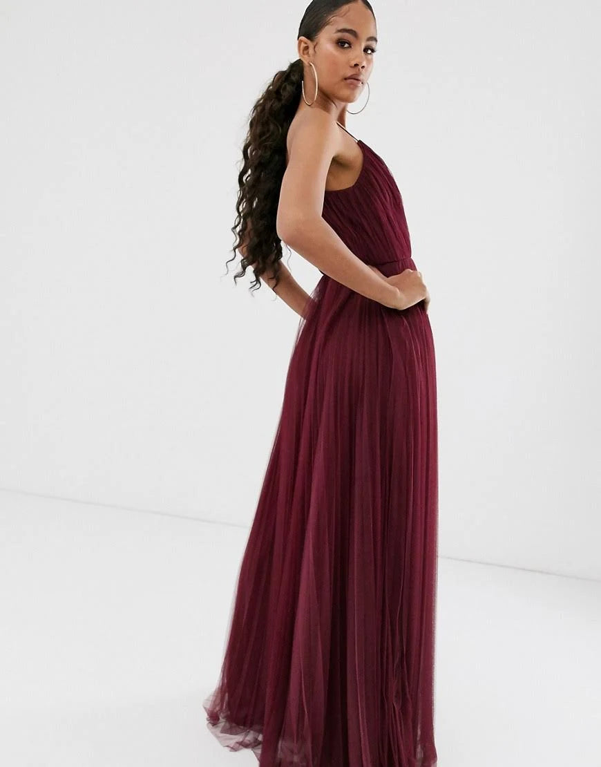Tall Cami Pleated Tulle Maxi Dress in oxblood-Red W37738