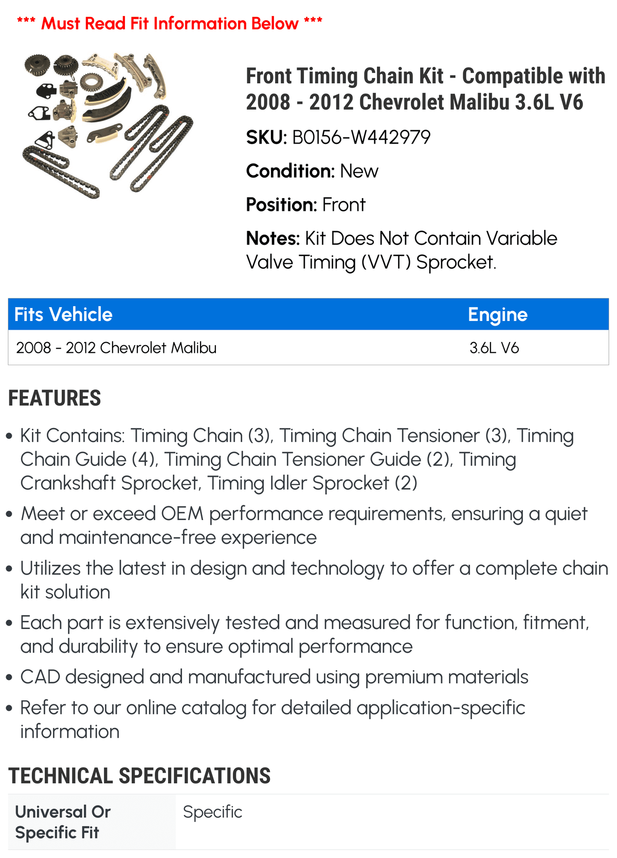 Front Timing Chain Kit for 2008-2012 Chevy Malibu 3.6L V6 K4937