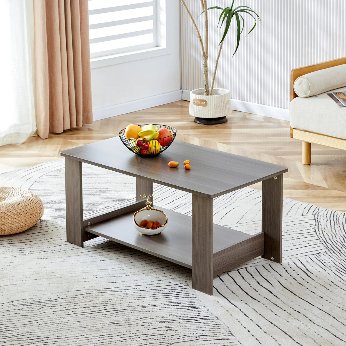 Gray Wood Grain Double Layered Rectangular Coffee Table Q243