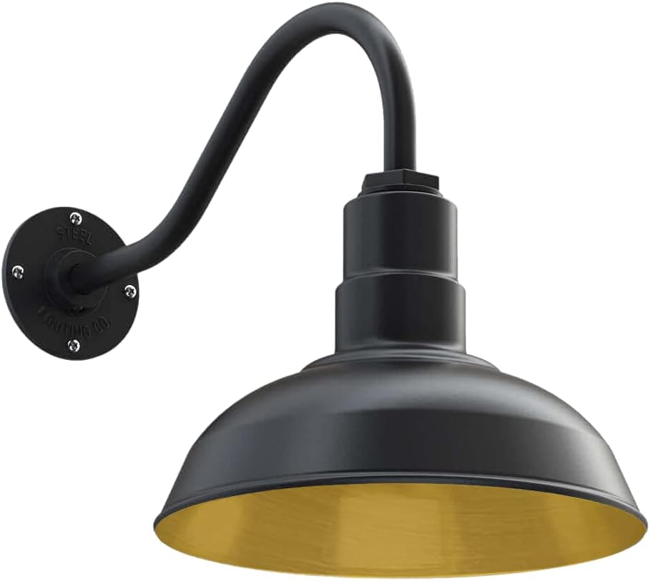 Matte Black Gooseneck Barn Light with Brass Interior F813