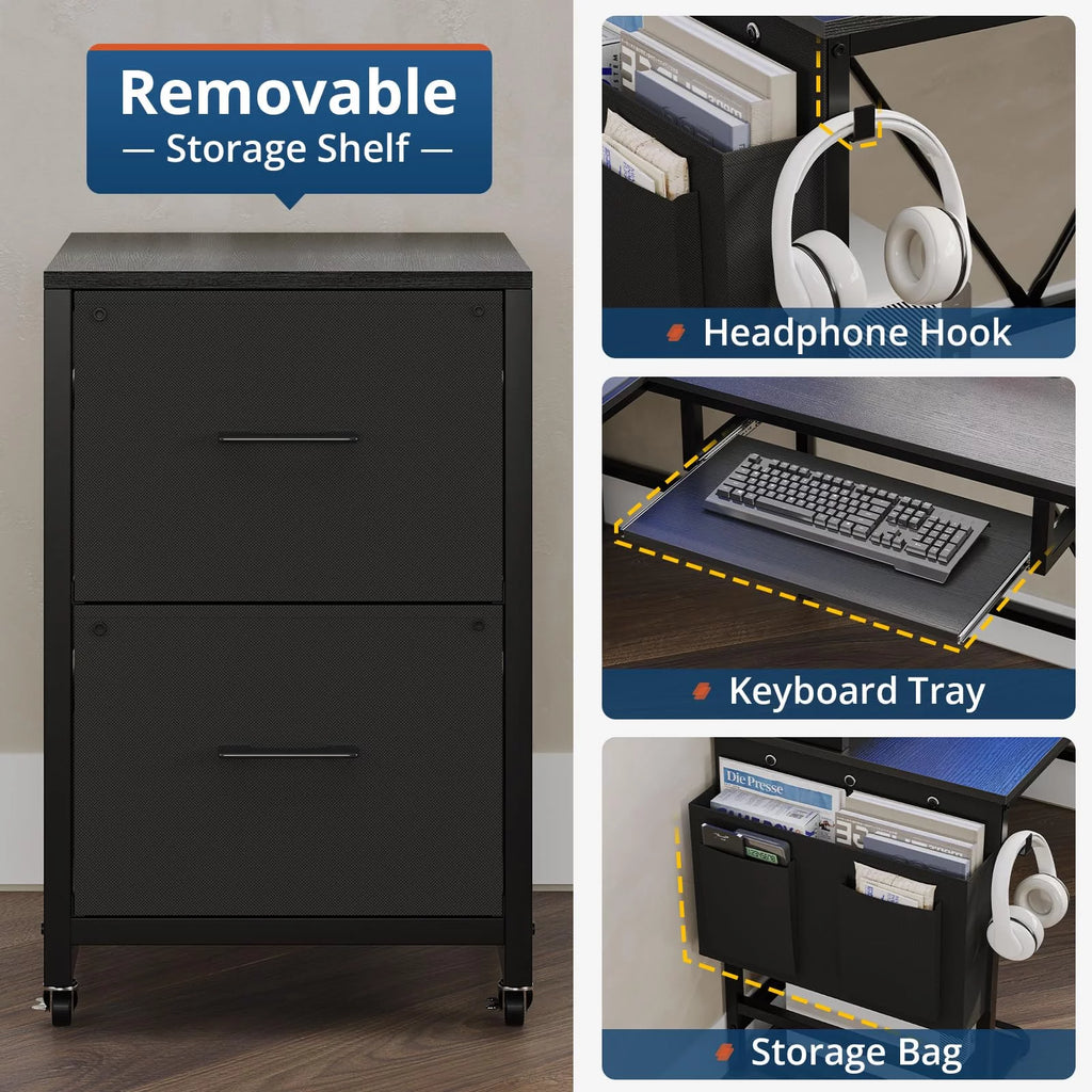 L Shaped Computer Desk with Power Outlet and LED Strip, Black S57414