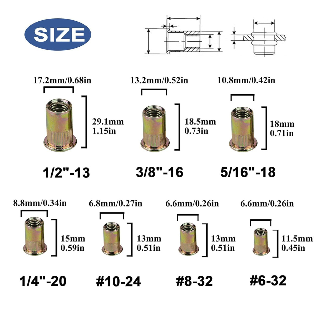 860pcs Rivet Nut Kit, SAE UNC Assortment, Zinc Plated Carbon Steel Flat Head Insert Threaded Rivet Nut Tool Kit with Case I1820