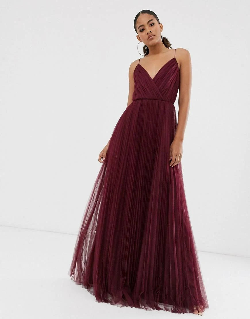 Tall Cami Pleated Tulle Maxi Dress in oxblood-Red W37738