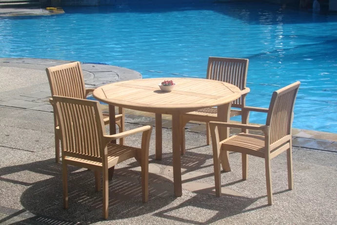 Grade-A Teak 5 Pc Dining Set with 52" Round Table and 4 Stacking Arm Chairs Q244