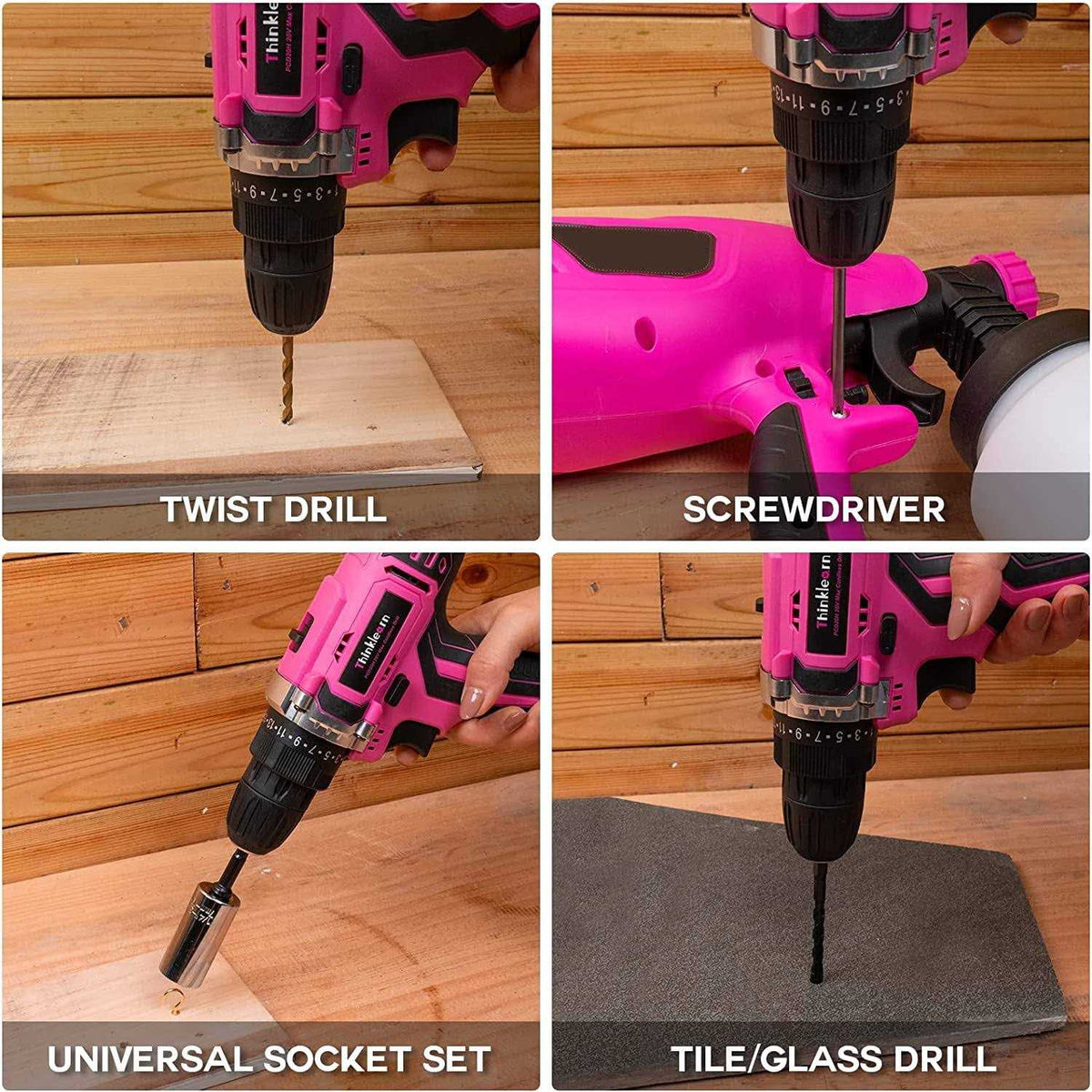 Pink Cordless Drill Set 20V Lithium-ion Power Drill Set with 67Pcs Drill Driver Bits L2088