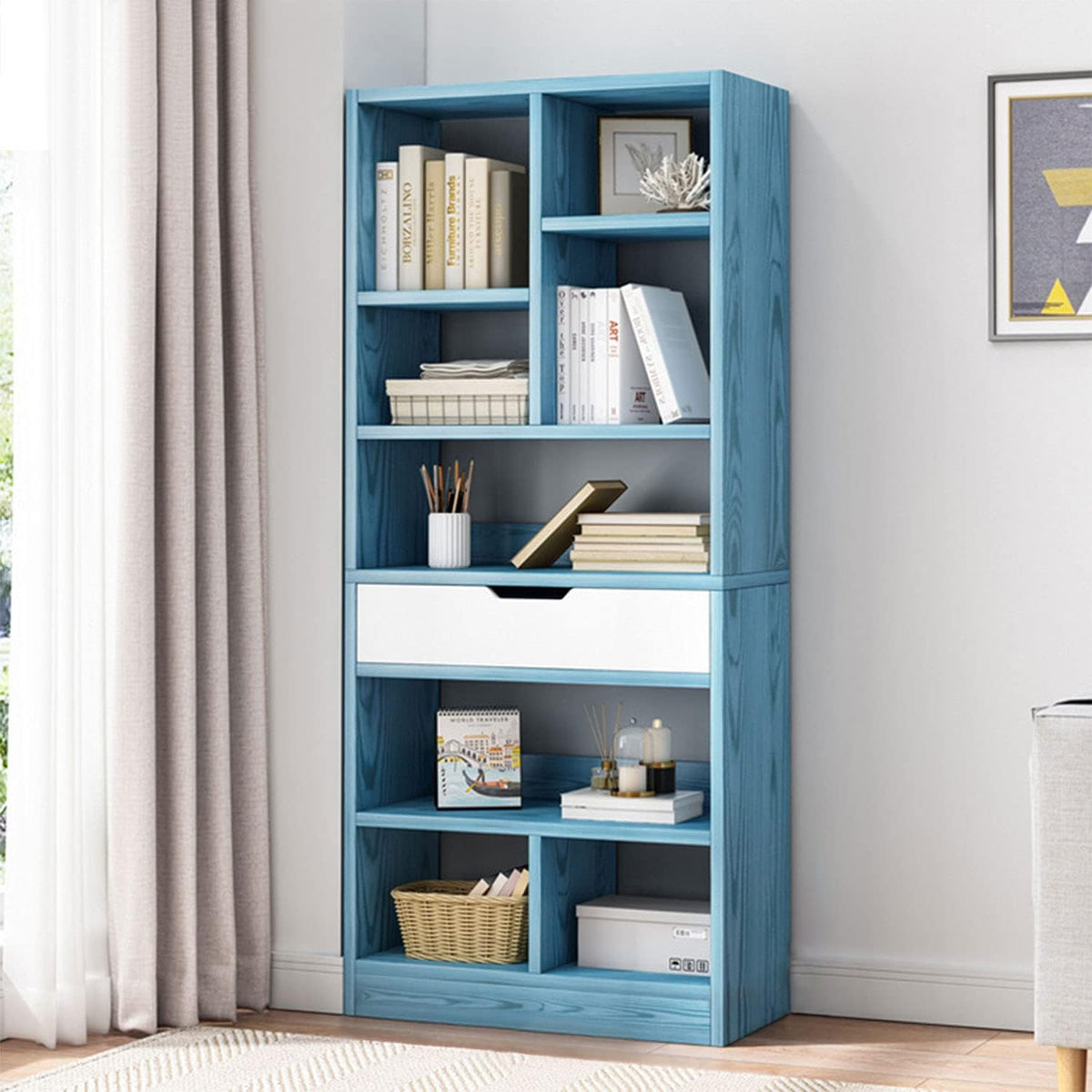 Bright Blue 8 Cubes Wooden Bookcase with Drawer J61506