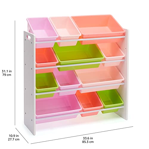 White Wood Kids Toy Storage Organizer with 12 Plastic Pink Bins H3470