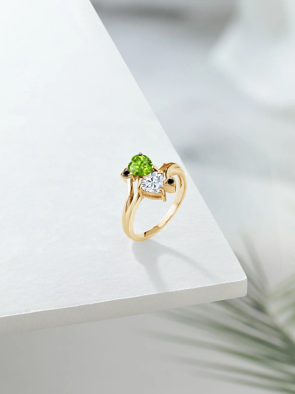 18K Yellow Gold Plated Silver Green Peridot White Moissanite and Black Diamond Ring (1.60 Cttw, Heart Shape 6MM) D87997