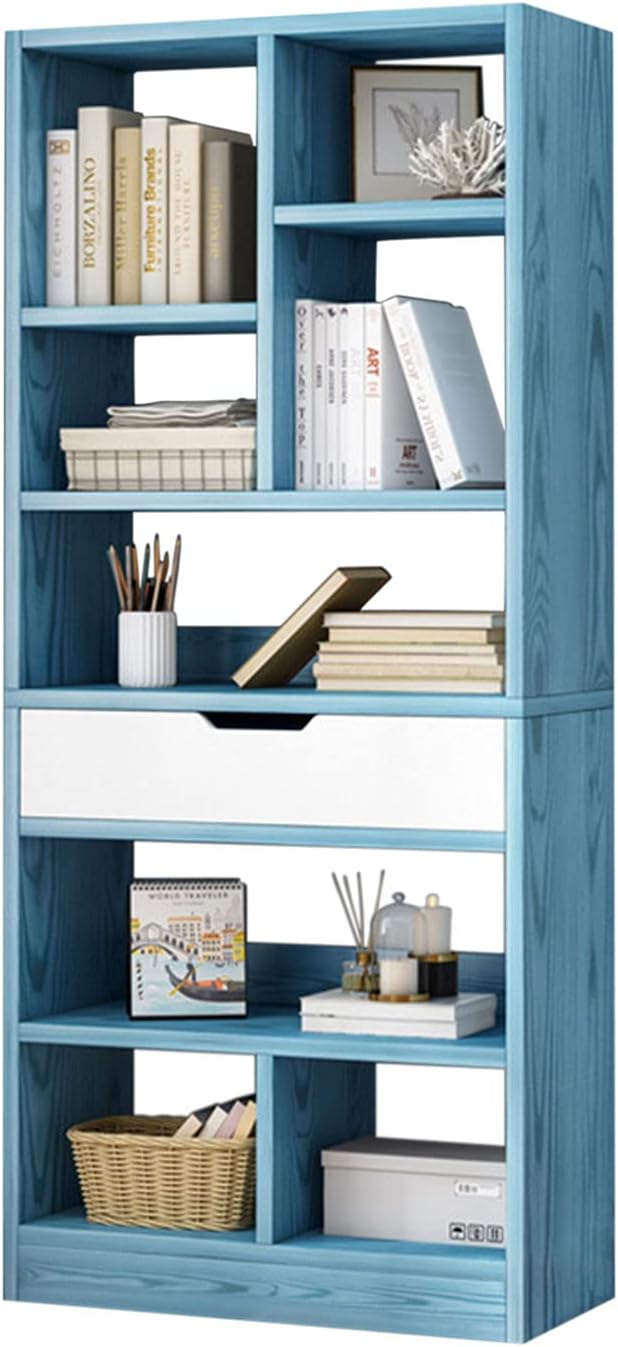 Bright Blue 8 Cubes Wooden Bookcase with Drawer J61506