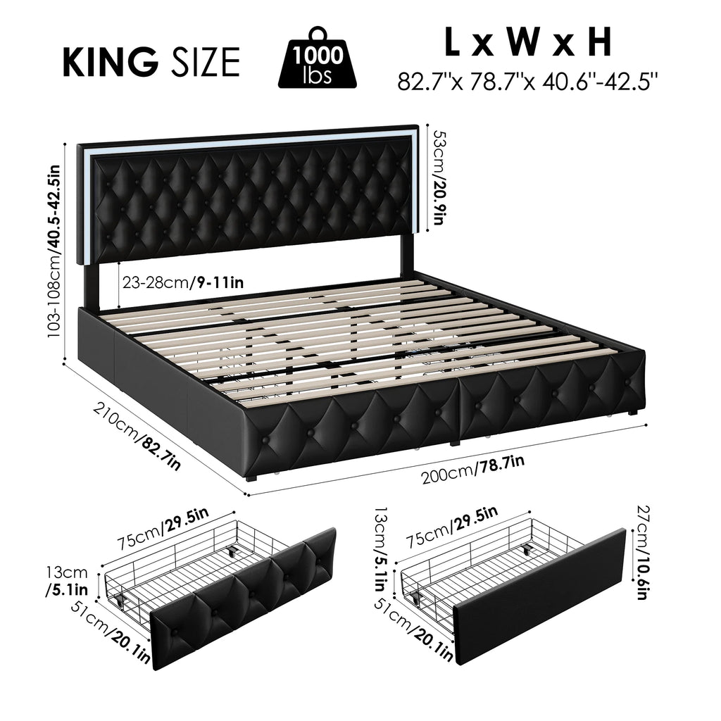 Queen LED Platform Bed Frame with 4 Storage Drawers Q190731