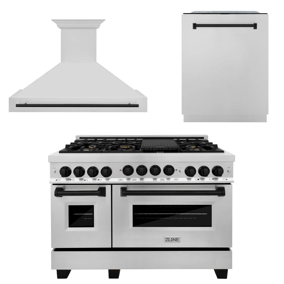 48 In. Gas Range, Range Hood, Dishwasher in Stainless Steel with Matte Black Accents Z814