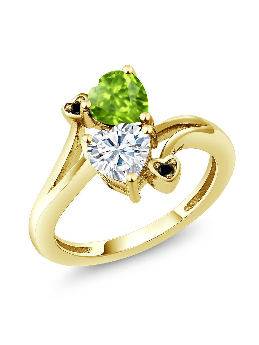 18K Yellow Gold Plated Silver Green Peridot White Moissanite and Black Diamond Ring (1.60 Cttw, Heart Shape 6MM) D87997