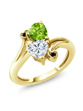 18K Yellow Gold Plated Silver Green Peridot White Moissanite and Black Diamond Ring (1.60 Cttw, Heart Shape 6MM) D87997