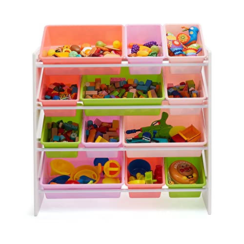 White Wood Kids Toy Storage Organizer with 12 Plastic Pink Bins H3470