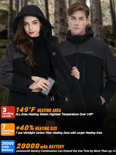 Mens Heated Jacket with Battery Pack 20000mAh Rechargeable Winter Outdoor Work Electric Jacket with Hood U660