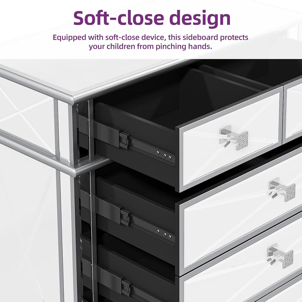 Silver Mirrored 5 Drawer Dresser with Wood Legs N8226