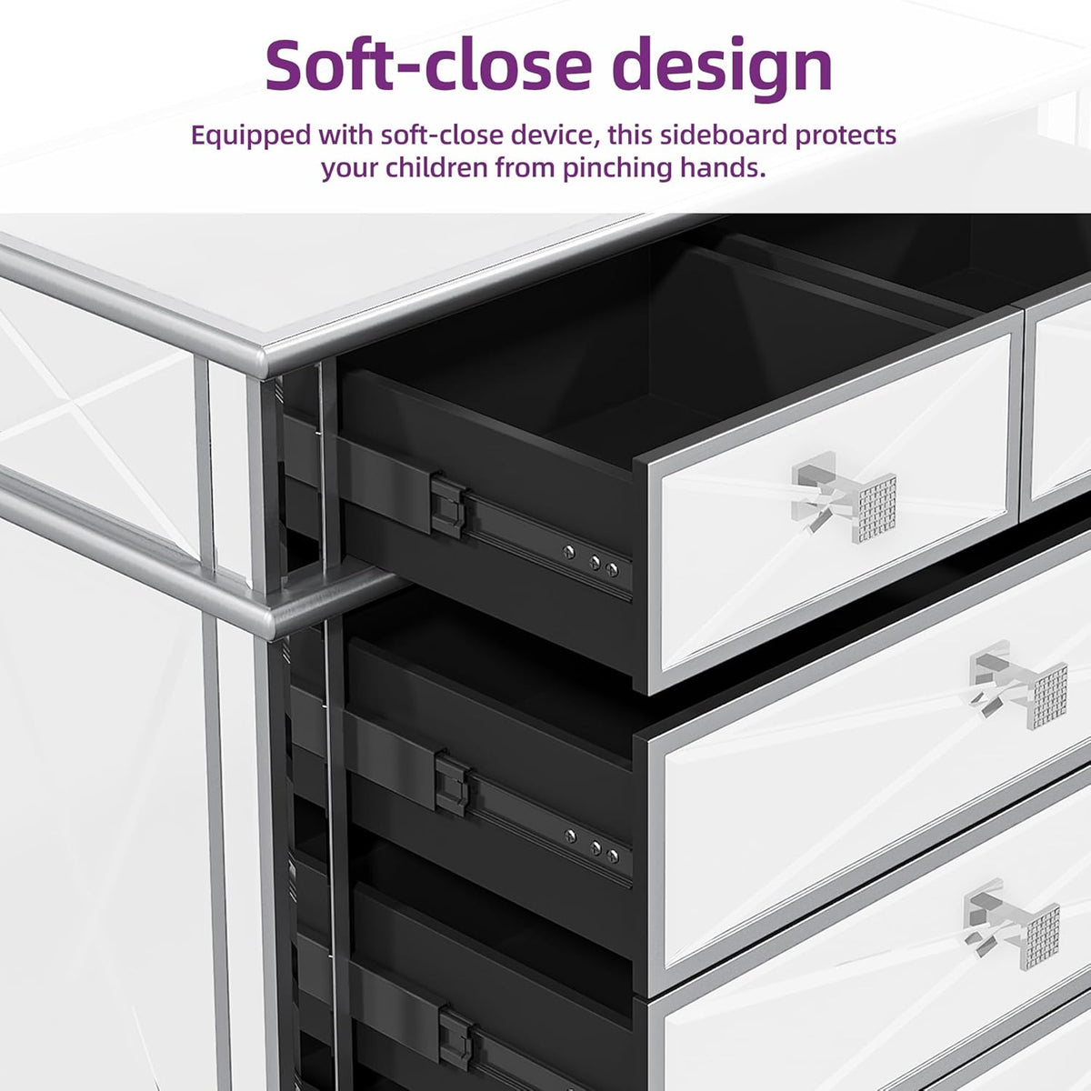 Silver Mirrored 5 Drawer Dresser with Wood Legs N8226