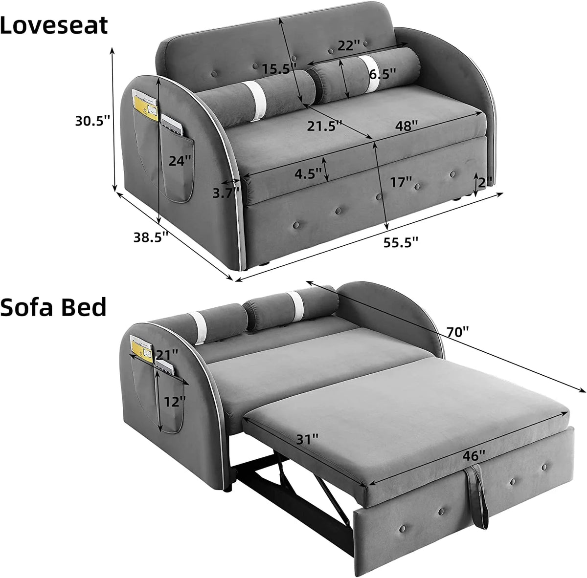 Grey Velvet Convertible Sleeper Sofa Bed with Lumbar Pillows F16199