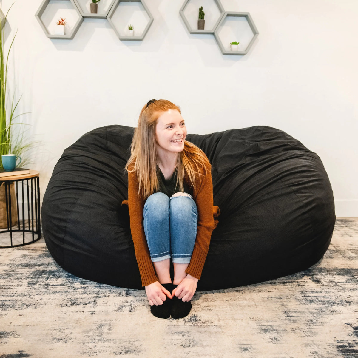 Black 6 feet Foam Filled Bean Bag Chair with Removable Cover H468793
