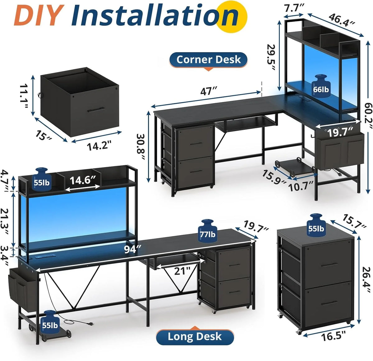 L Shaped Computer Desk with Power Outlet and LED Strip, Black S57414