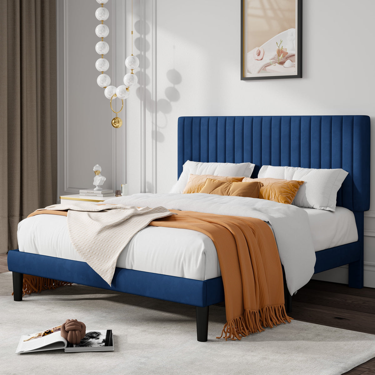 Queen Size Black Velvet Upholstered Platform Bed Frame W57887