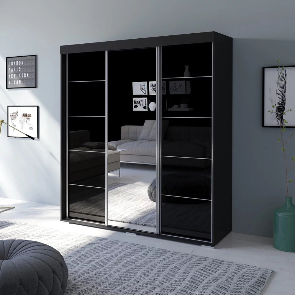 Black 3-door Wardrobe Armoire with Mirror A980