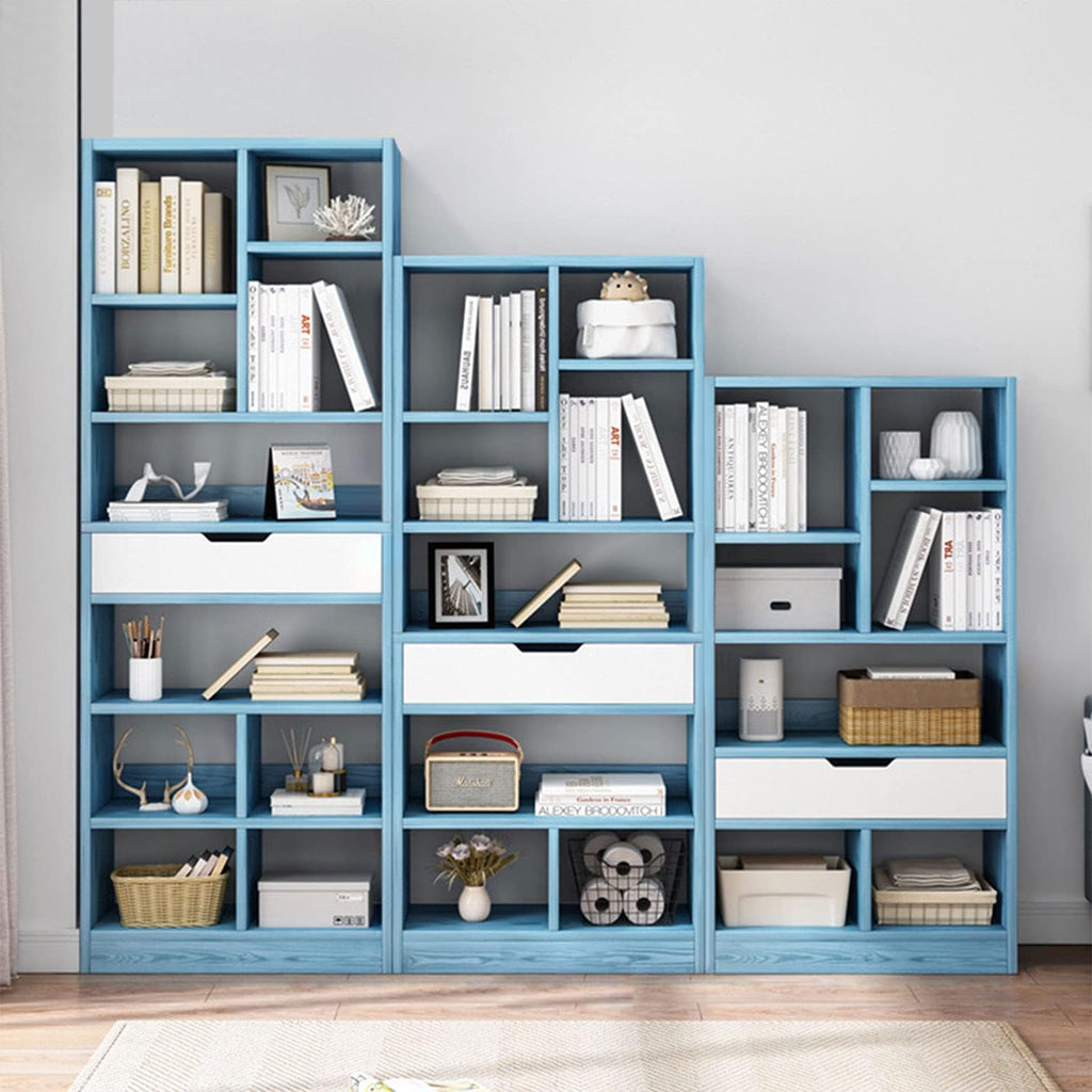Bright Blue 8 Cubes Wooden Bookcase with Drawer J61506