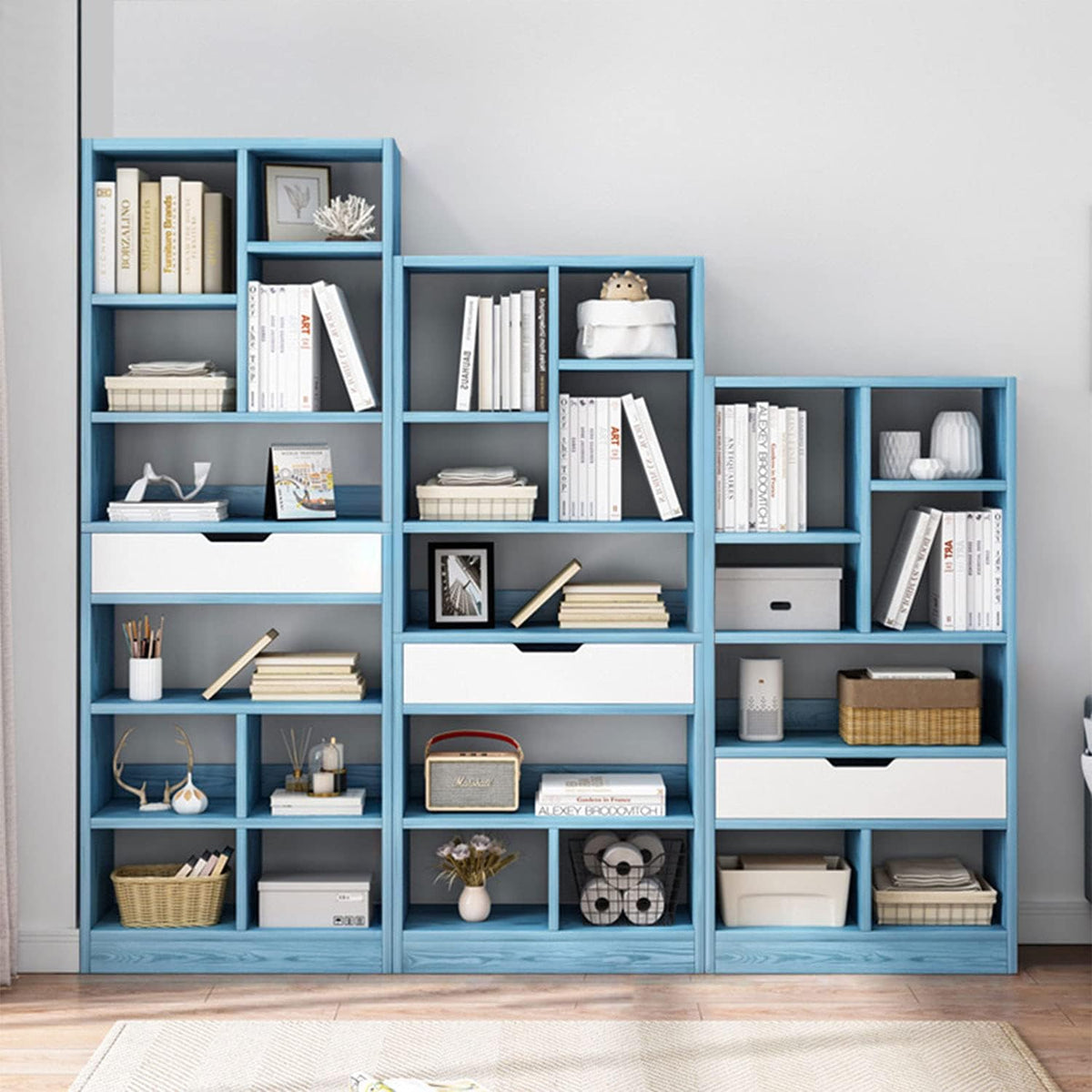 Bright Blue 8 Cubes Wooden Bookcase with Drawer J61506