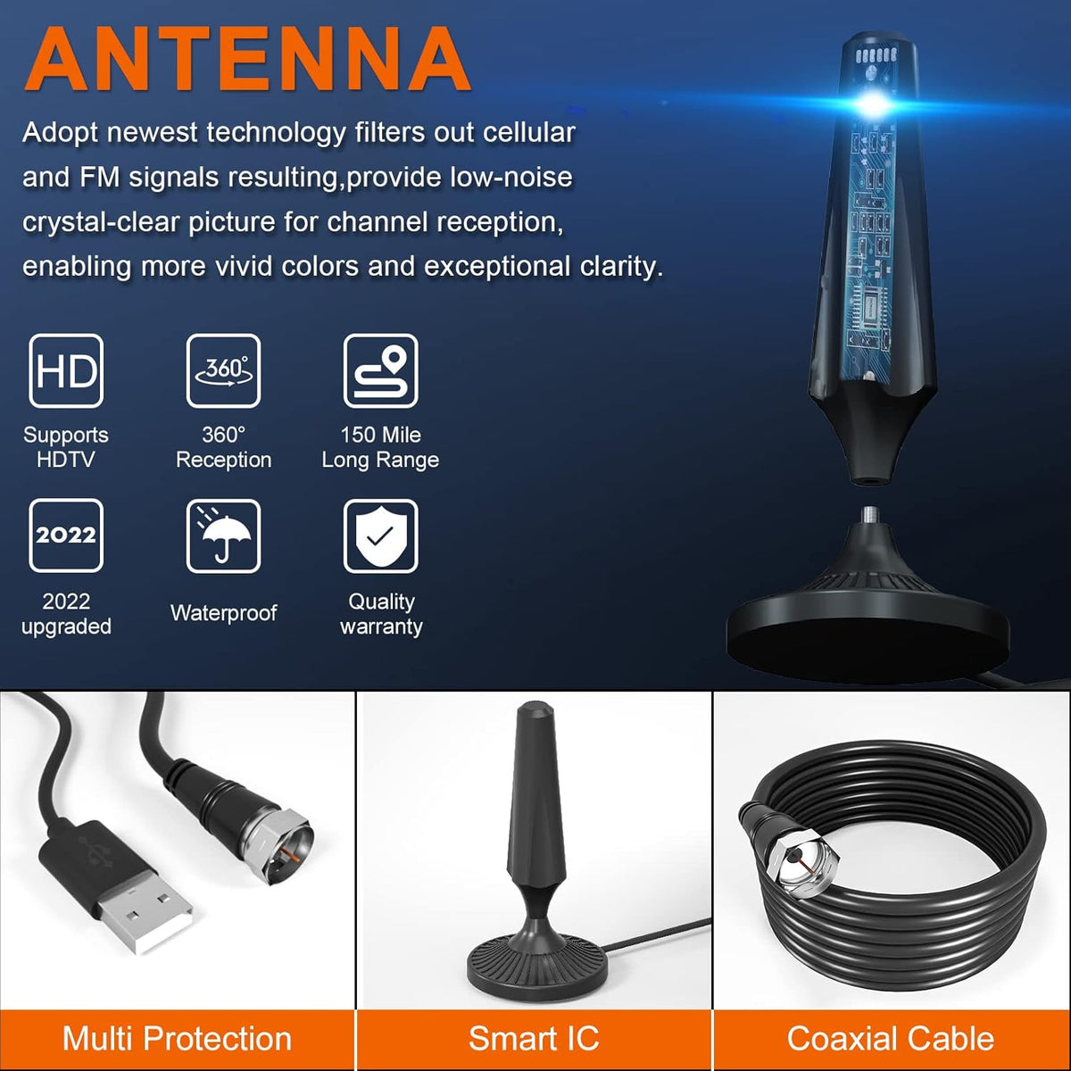 Indoor Amplified HDTV Antenna with 13.4ft Coax Cable and USB Power Adapter, Pack of 2 L7194