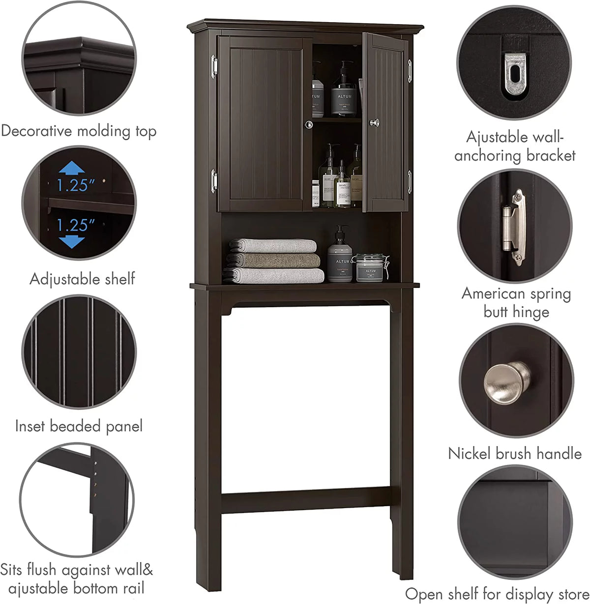 Bathroom Storage Over The Toilet Cabinet with Adjustable Shelves and Double Doors J526