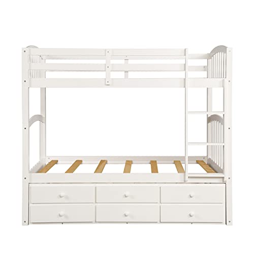 White Twin Bunk Bed with Ladder, Safety Rail and Trundle F39568