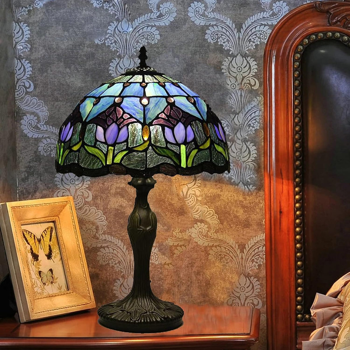 Purple Tulip Stained Glass Table Lamp 12 Inches Q150