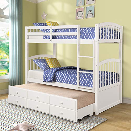 White Twin Bunk Bed with Ladder, Safety Rail and Trundle F39568