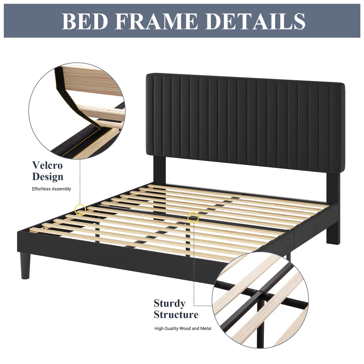 Queen Size Black Velvet Upholstered Platform Bed Frame W57887