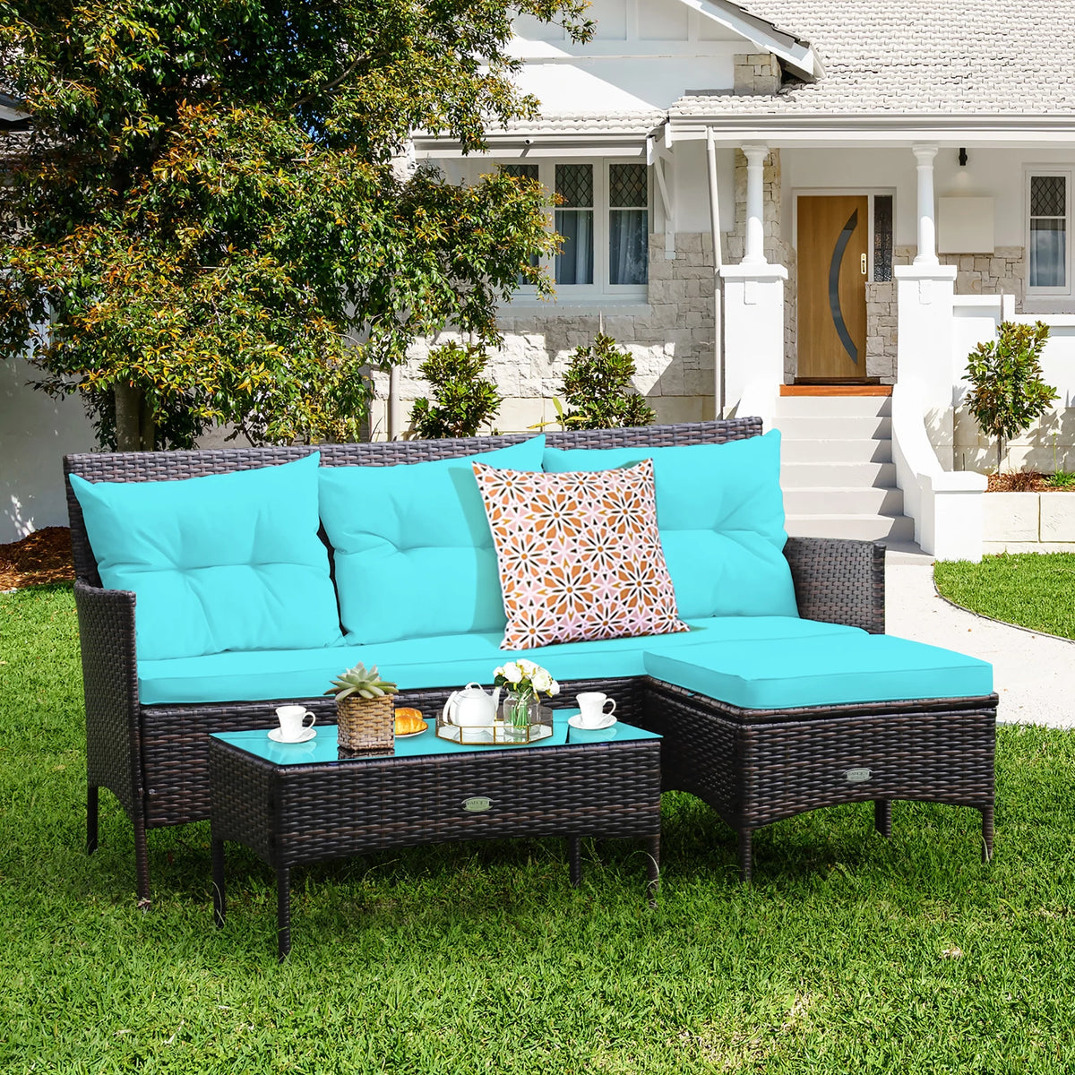 3 Pc Cushioned Patio Rattan Sofa Set K415967