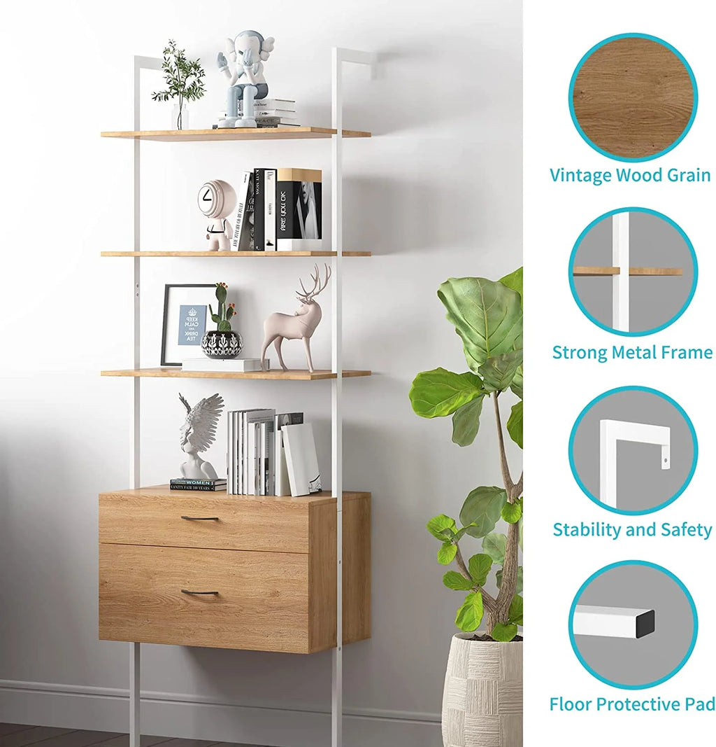 Wood Bookshelf with Drawers and Steel Frame M79841