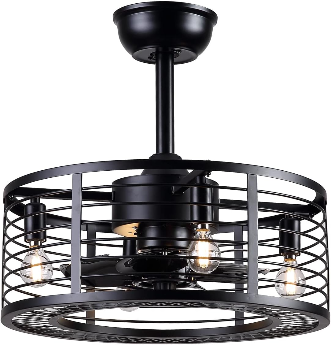 Black Caged Ceiling Fan with Lights R8724