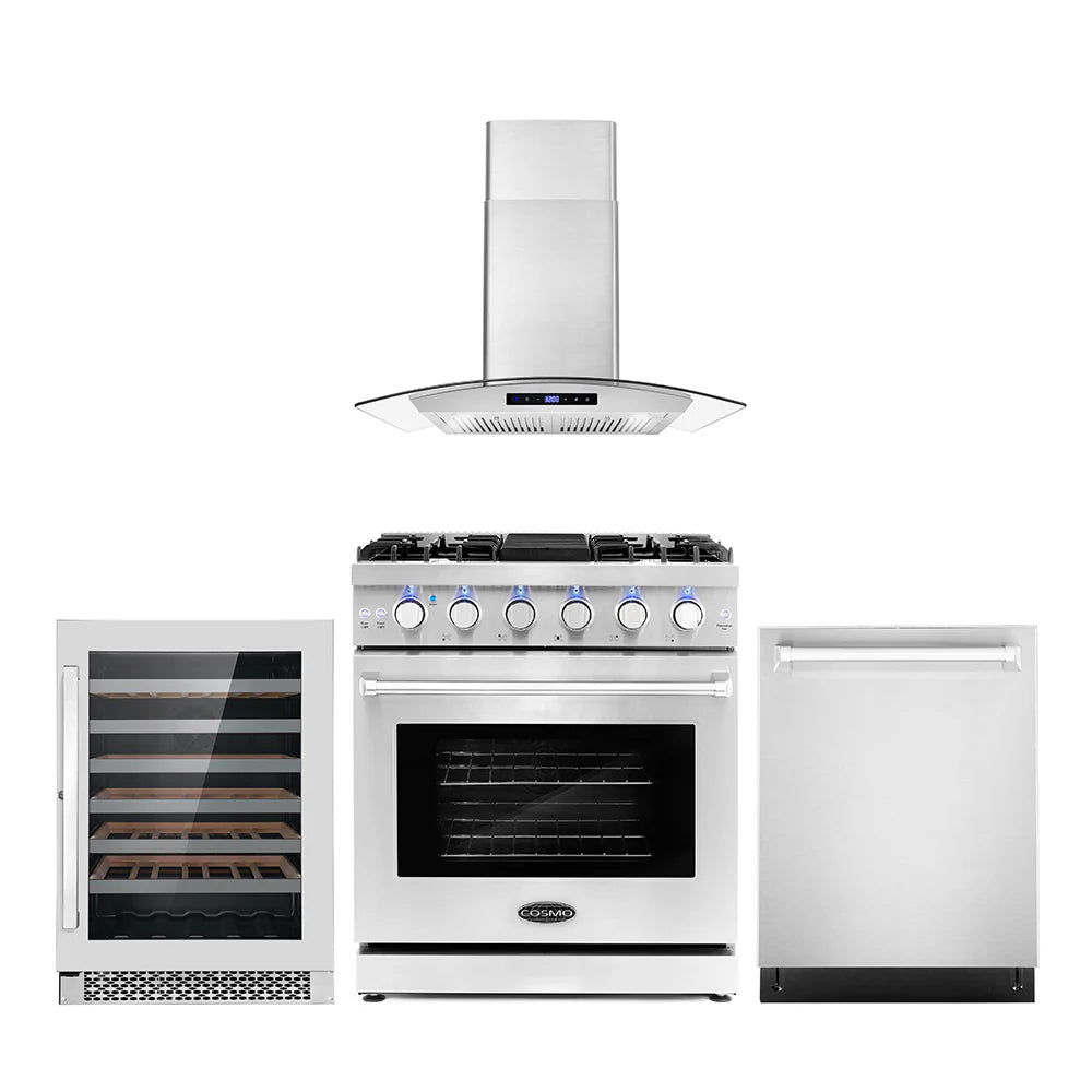 30 Gas Range, Wall Mount Range Hood, Dishwasher and Wine Cooler R44529