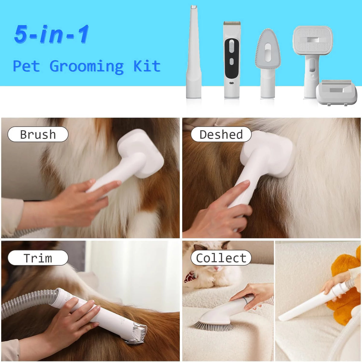 Pet Grooming Kit & Vacuum, 5 in 1, 2L Dustbin T150