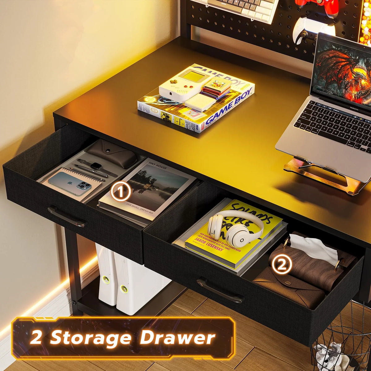 Black L Shaped Desk with LED Lights and Storage Shelves G476